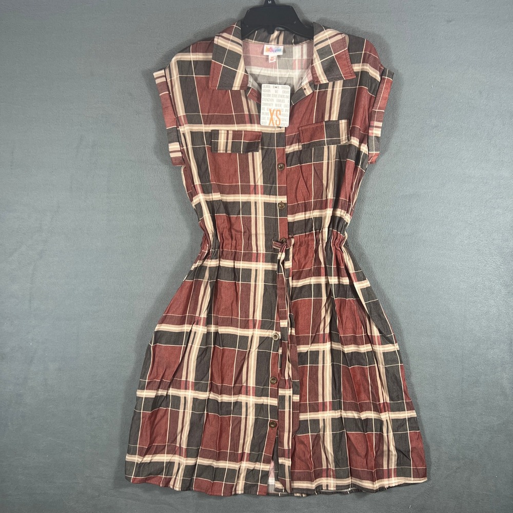 LuLaRoe Womens Dress XS Red Plaid Fit Flare Short Sleeve Button Front NWT Vtg